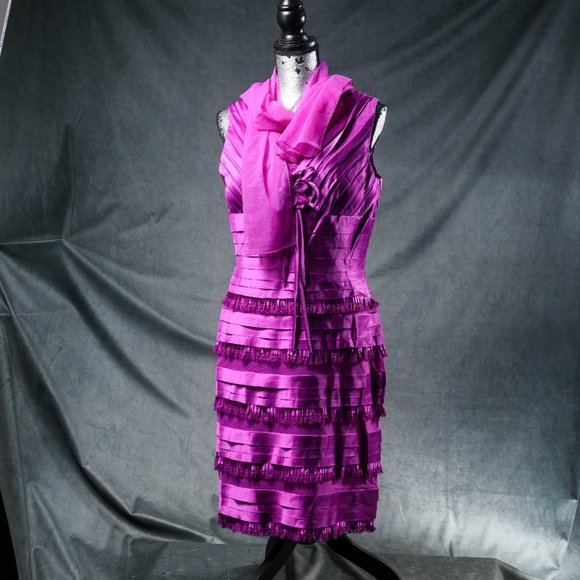 NWT May Queen | Magenta Ruffle-Tiered Sheath Dress & Shawl - sz 12 - Picture 7 of 11